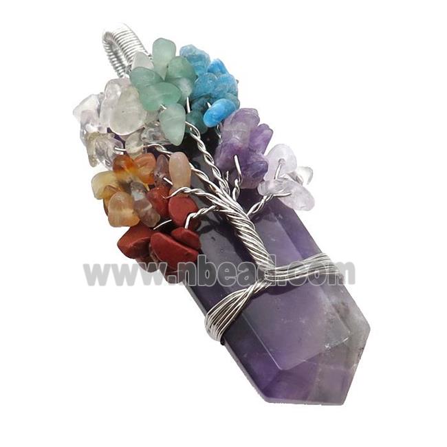 Purple Amethyst Bullet Pendant Chakra Tree Wire Wrapped