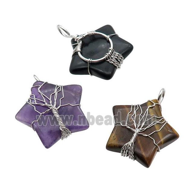 Mix Gemstone Star Pendant Tree Wire Wrapped