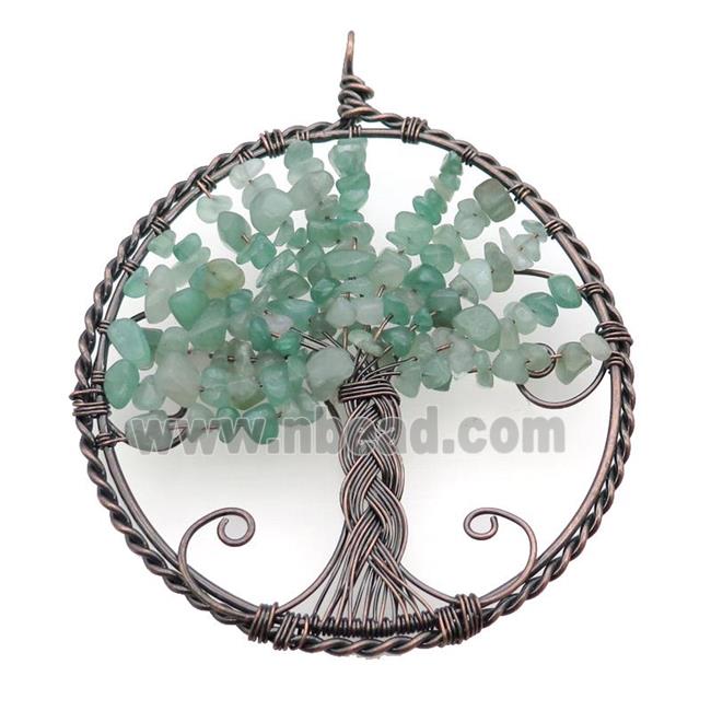 Green Aventurine Chip Tree Of Life Pendant Wire Wrapped Antique Red