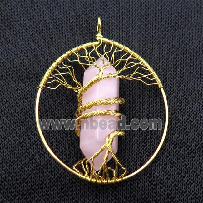 Pink Rose Quartz Tree Of Life Pendant Alloy Wire Wrapped Gold Plated