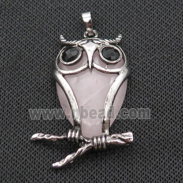 Rose Quartz Owl Pendant Alloy Antique Silver