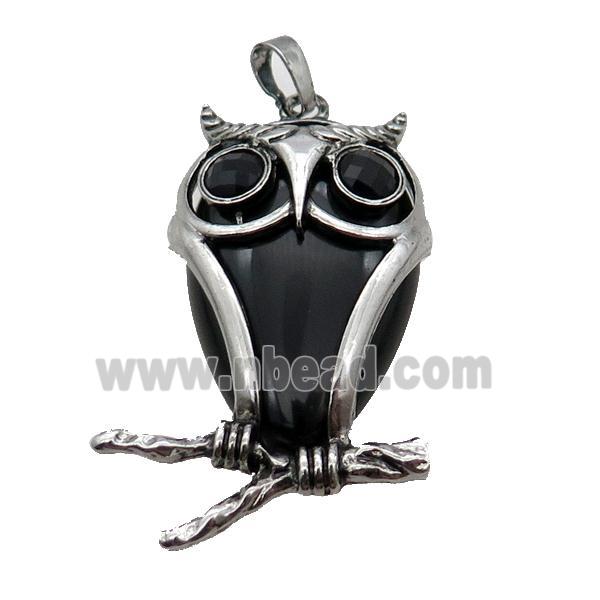 Black Onyx Agate Owl Pendant Alloy Antique Silver