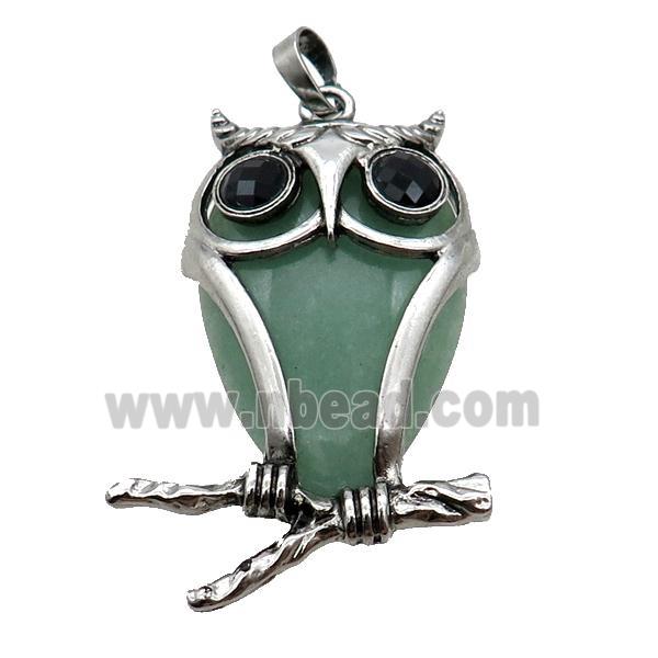 Green Aventurine Owl Pendant Alloy Antique Silver