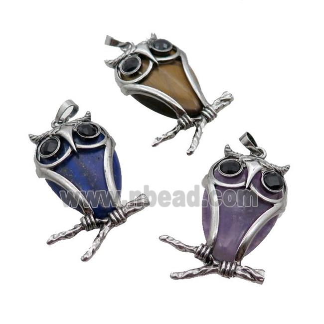 Mix Gemstone Owl Pendant Alloy Antique Silver