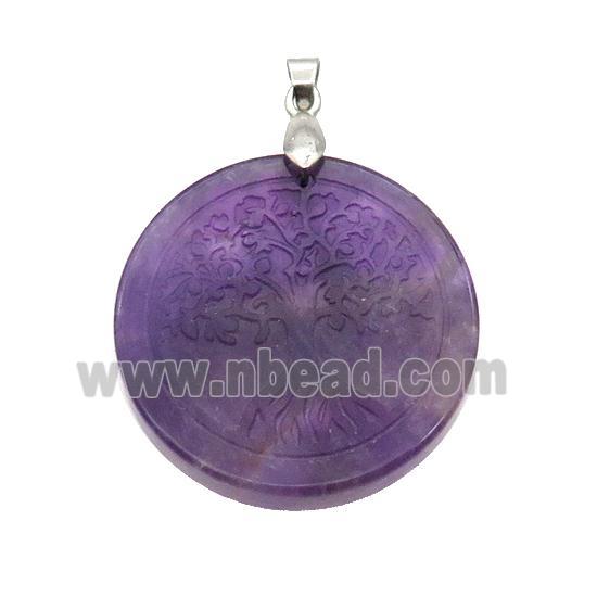 Purple Amethyst Circle Pendant Tree Of Life Craved