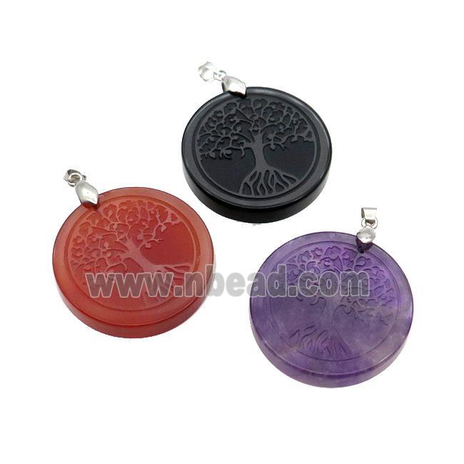 Mix Gemstone Circle Pendant Tree Of Life Craved