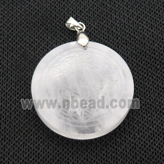 Clear Quartz Circle Pendant Flower Of Life Craved