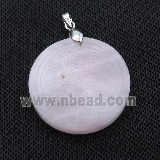 Pink Rose Quartz Circle Pendant Flower Of Life Craved