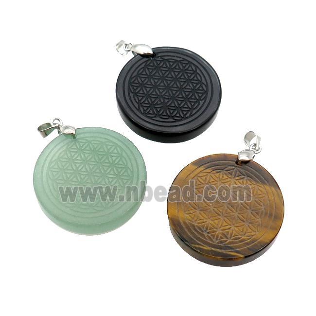 Mix Gemstone Circle Pendant Flower Of Life Craved