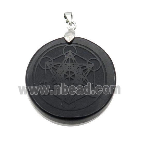 Black Onyx Agate Circle Pendant Metatrons Cube Craved