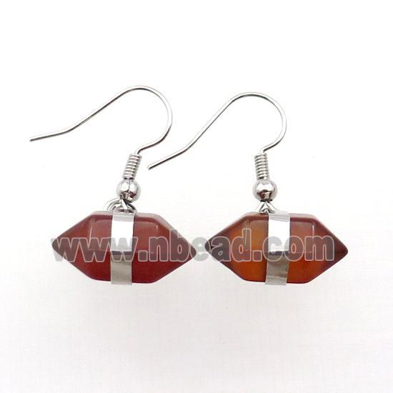 Red Carnelian Copper Hook Earring Bullet Platinum Plated