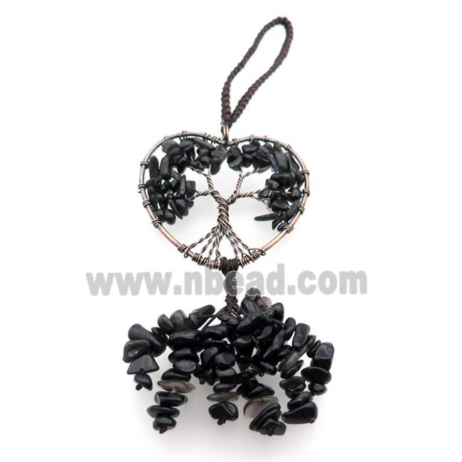 Black Obsidian Chip Pendant Tree Of Life Antique Red