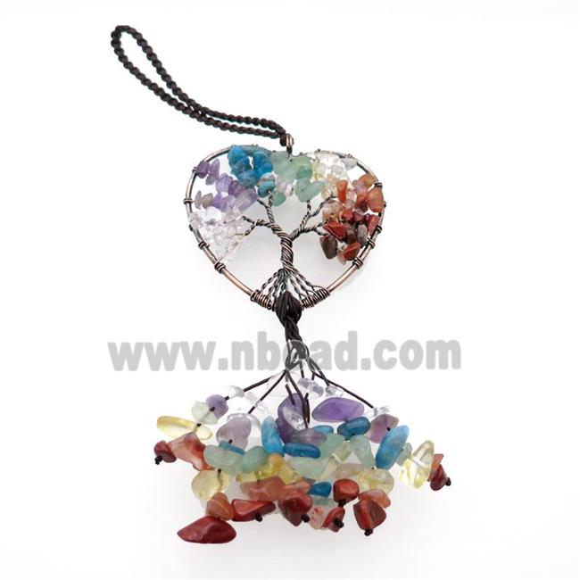 Mix Gemstone Chip Pendant Tree Of Life Chakra Antique Red