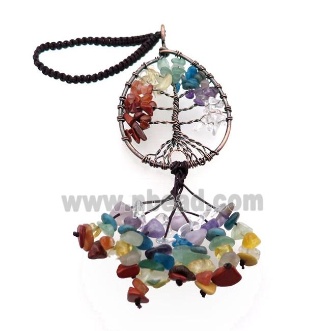 Mix Gemstone Chip Pendant Chakra Tree Of Life Antique Red