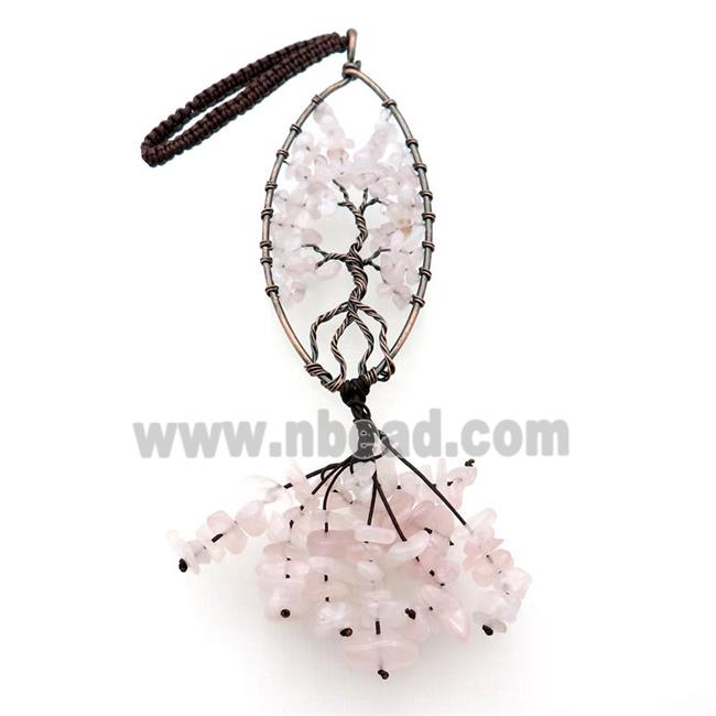 Pink Rose Quartz Chip Pendant Tree Of Life Antique Red