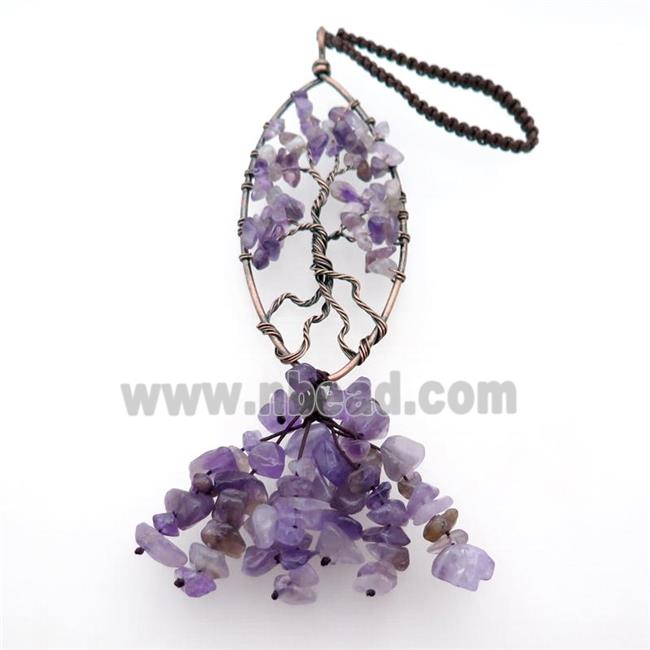 Purple Amethyst Chip Pendant Tree Of Life Antique Red