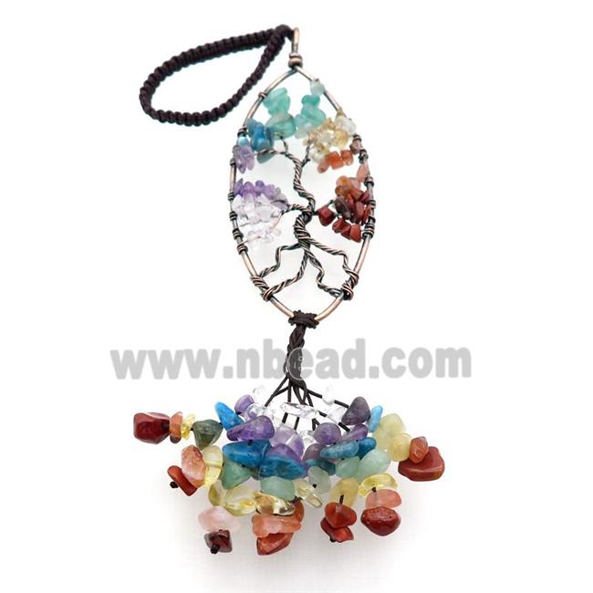 Mix Gemstone Chip Pendant Tree Of Life Chakra Antique Red