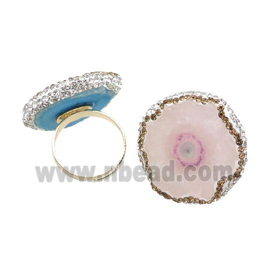 Lt.pink Quartz Druzy Copper Ring Pave Rhinestone Adjustable Gold Plated