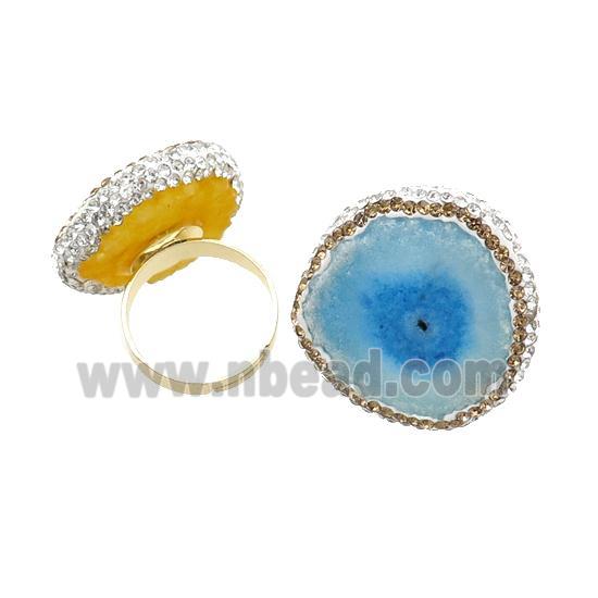 Blue Quartz Druzy Copper Ring Pave Rhinestone Adjustable Gold Plated