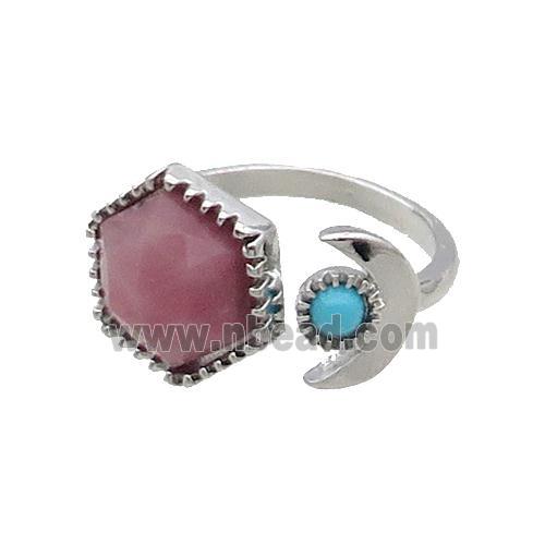 Pink Rhodonite Copper Ring Hexagon Platinum Plated