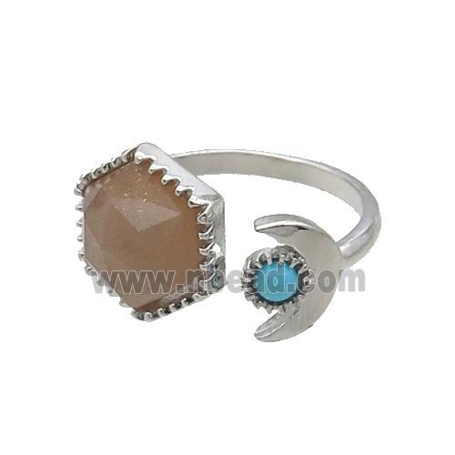 Peach Moonstone Copper Ring Hexagon Platinum Plated