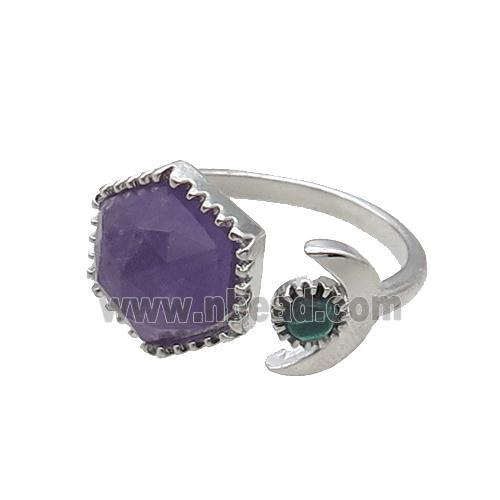 Purple Amethyst Copper Ring Hexagon Platinum Plated