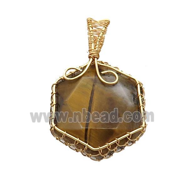 Tiger Eye Stone Hexagon Pendant Wire Wrapped