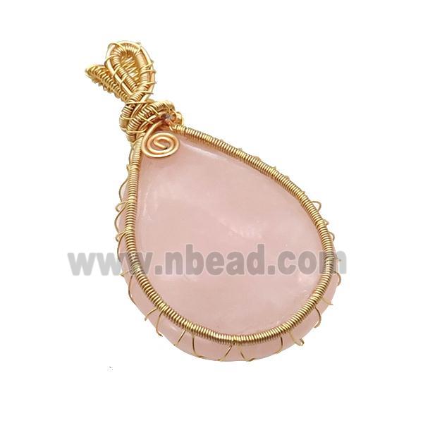 Pink Rose Quartz Teardrop Pendant Wire Wrapped