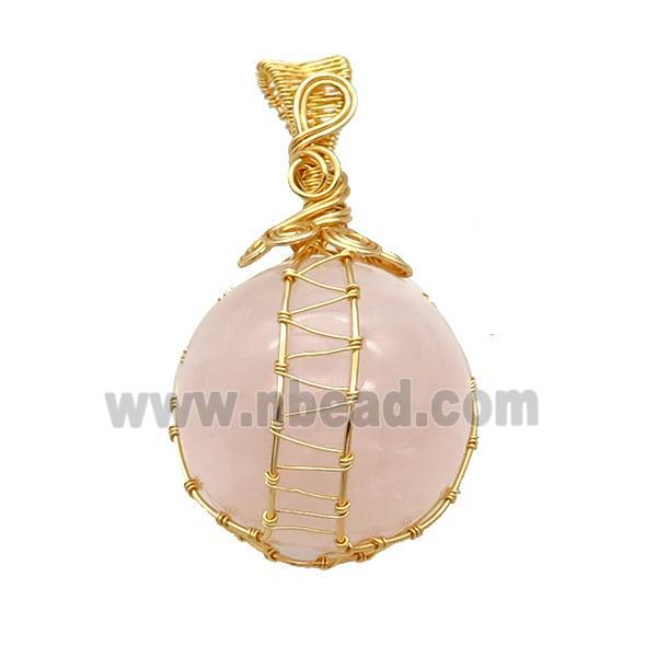 Pink Rose Quartz Pendant Round Wire Wrapped