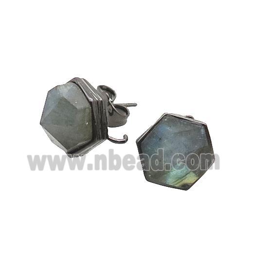 Labradorite Hexagon Stud Earring Copper Black Plated