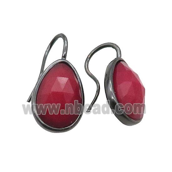 Copper Hook Earring Red Jade Teardrop Dye Black Plated