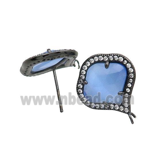 Blue Cat Eye Glass Stud Earring Copper Pave Zircon With Loop Black Plated