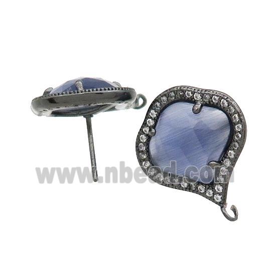 Blue Cat Eye Glass Stud Earring Copper Pave Zircon With Loop Black Plated