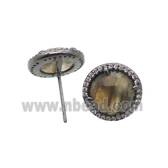 Labradorite Stud Earring Copper Pave Zircon Circle Black Plated