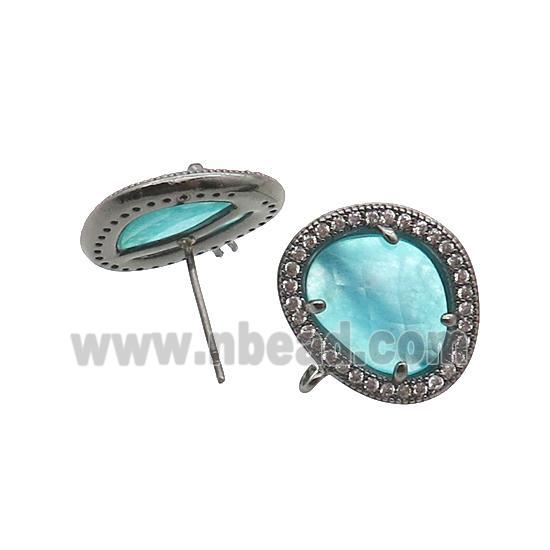 Aqua Jade Stud Earring Copper Pave Zircon With Loop Black Plated