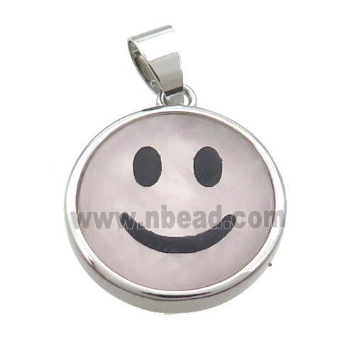 Rose Quartz Emoji Pendant Smileface Circle Platinum Plated