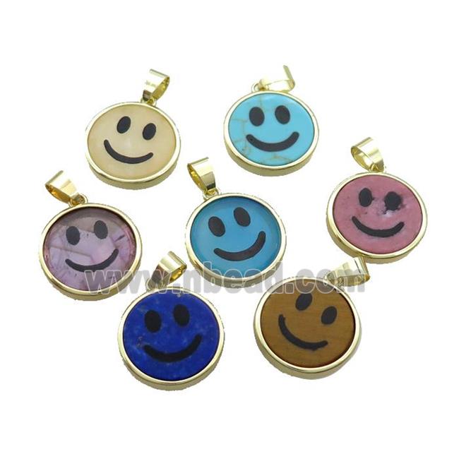 Mixed Gemstone Emoji Pendant Smileface Circle Gold Plated