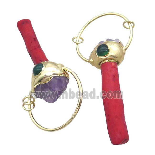 Red Coral Stick Pendant Amethyst Gold Plated