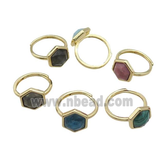 Mixed Gemstone Copper Ring Hexagon Adjustable Gold Plated