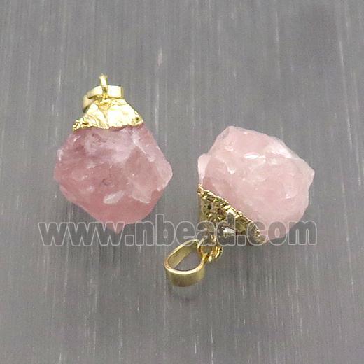 Hammered Rose Quartz Pendant Freeform Nugget Pink Gold Plated