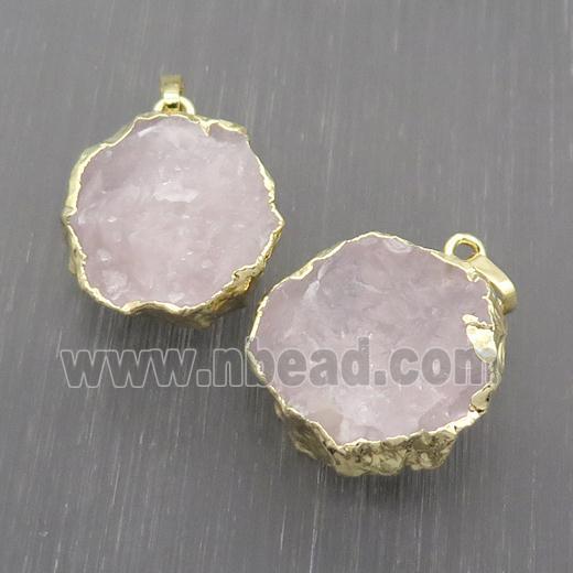 Hammered Rose Quartz Pendant Circle Pink Gold Plated