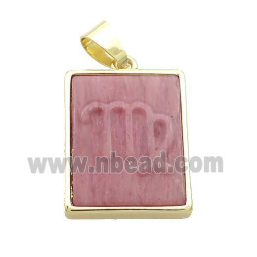 Natural Pink Wood Lace Jasper Pendant Zodiac Virgo Rectangle Gold Plated