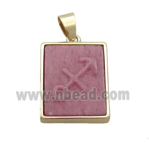 Natural Pink Wood Lace Jasper Pendant Zodiac Sagittarius Rectangle Gold Plated