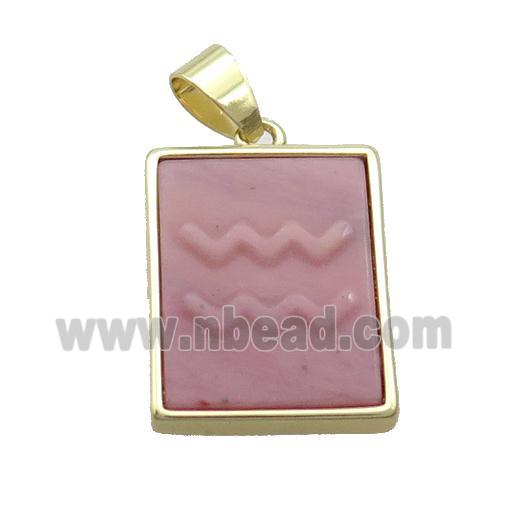 Natural Pink Wood Lace Jasper Pendant Zodiac Aquarius Rectangle Gold Plated