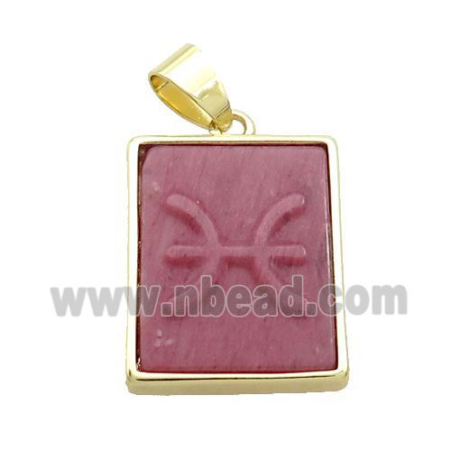 Natural Pink Wood Lace Jasper Pendant Zodiac Pisces Rectangle Gold Plated