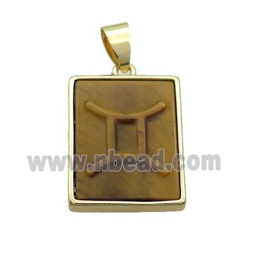 Natural Tiger Eye Stone Pendant Zodiac Gemini Rectangle Gold Plated