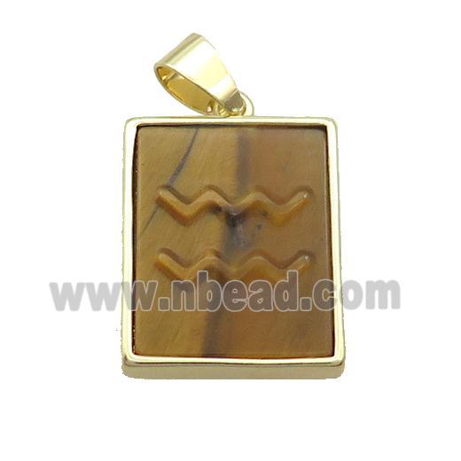 Natural Tiger Eye Stone Pendant Zodiac Aquarius Rectangle Gold Plated