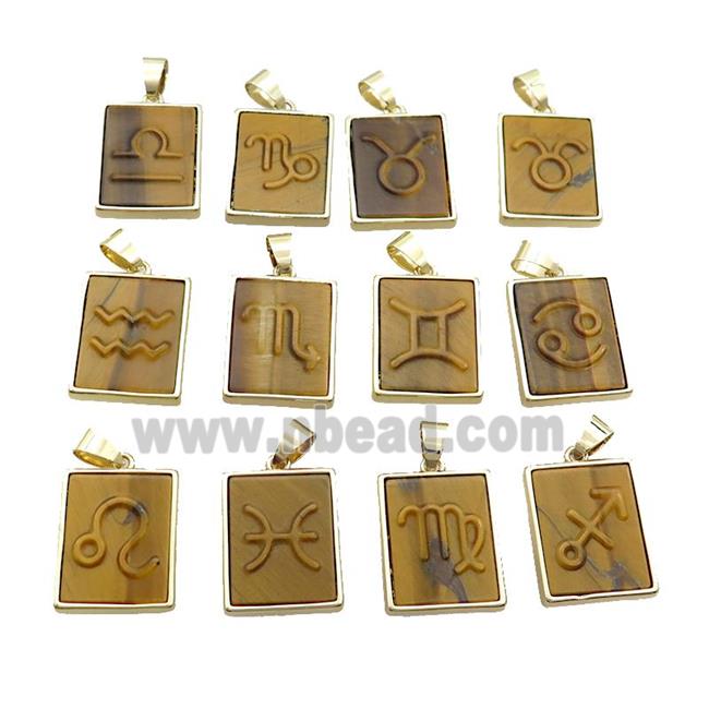 Natural Tiger Eye Stone Pendant Zodiac Mixed Rectangle Gold Plated