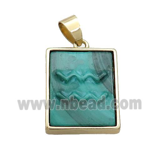 Natural Malachite Pendant Zodiac Aquarius Green Rectangle Gold Plated