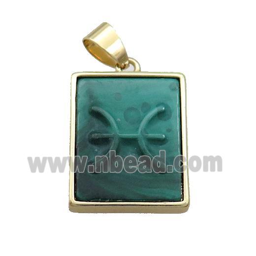 Natural Malachite Pendant Zodiac Pisces Green Rectangle Gold Plated